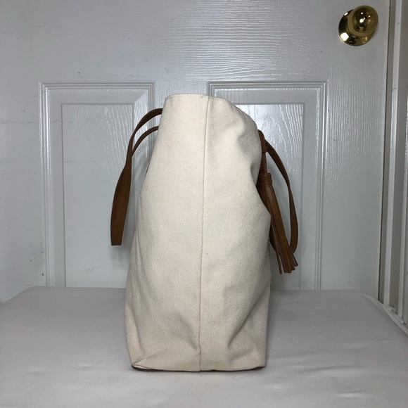 Sonoma Pineapple Natural Canvas Snap Closure Tassel Detail Hard Bottom Tote Bag, - Picture 7 of 16